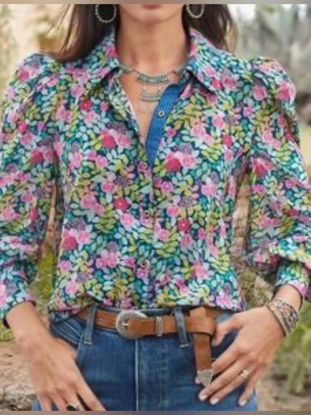 Sundance Rosie Vines Floral Puff-Sleeve Blouse Large